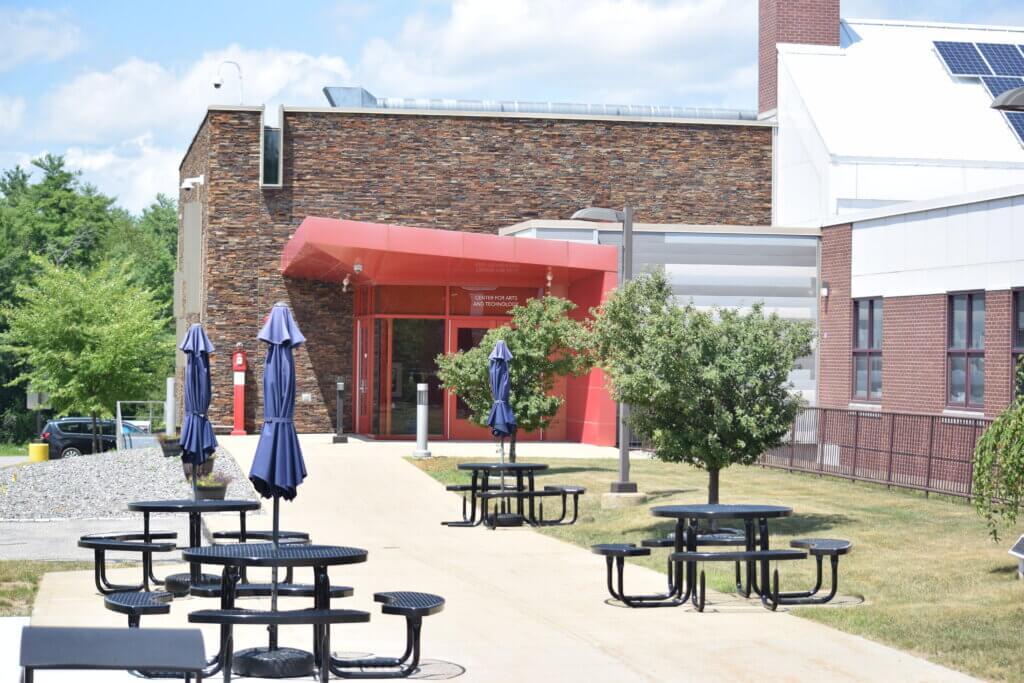 Picnic tables outside the CAT building