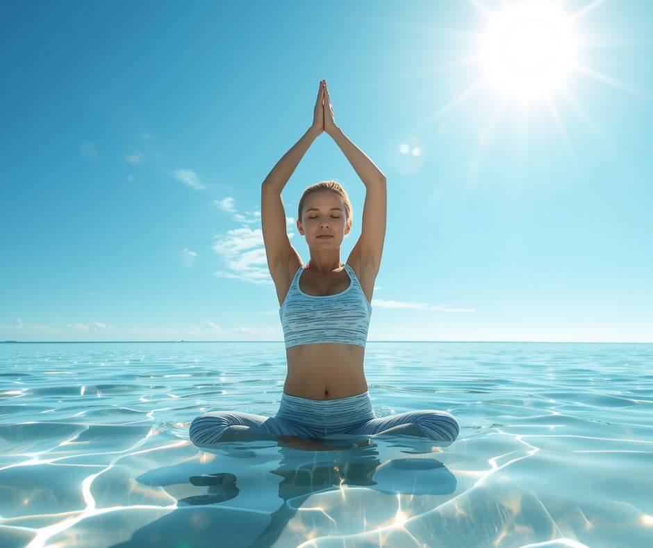 Woman sitting in water doing yoga pose