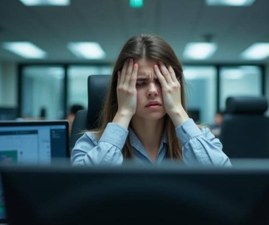 Woman at work with her head in her hands